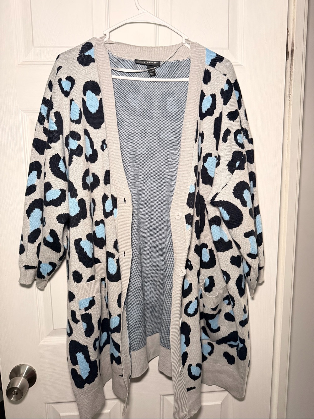 Lane Bryant Cream Cardigan with Light Blue and Black Leopard Print